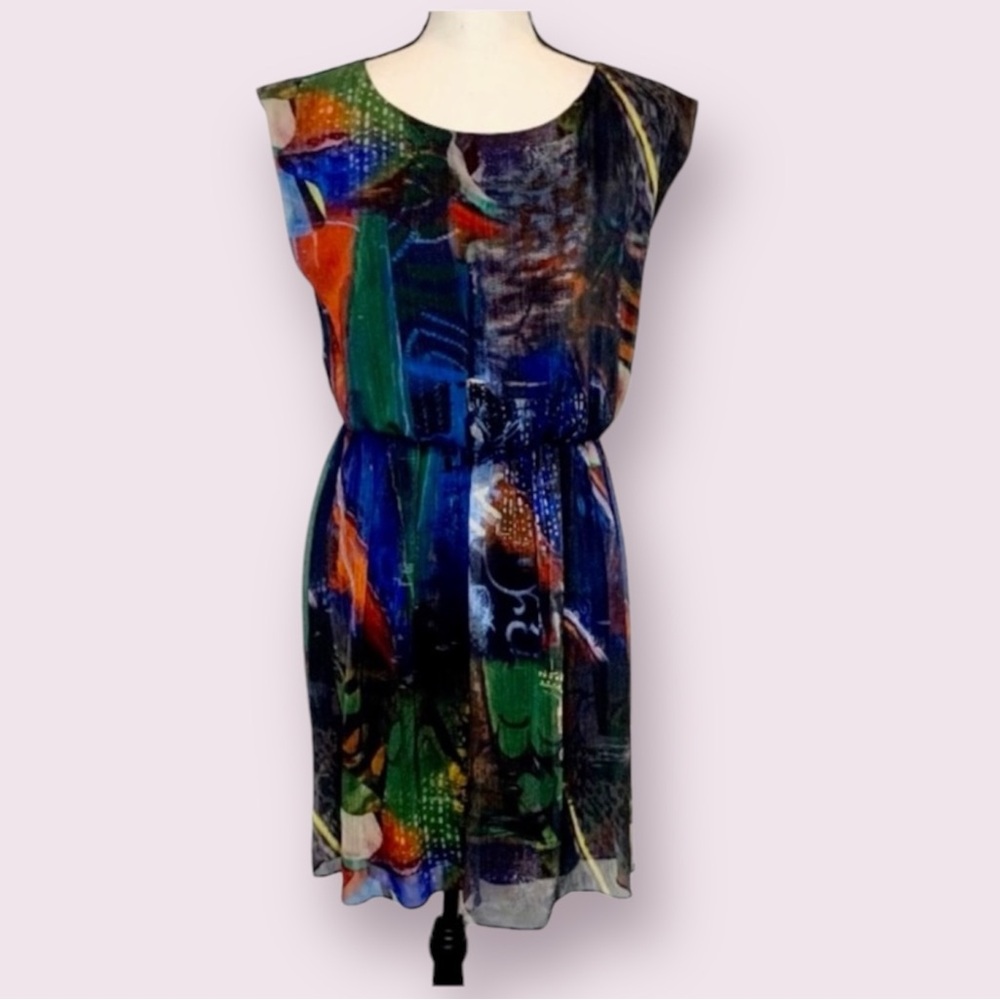 Sleeveless Abstract Print Sheath Dress in Multicolor